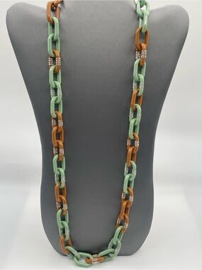 J.Crew Long Chunky Chain-Link Necklace w/ Green & Brown Resin/Rhinestone Accents
